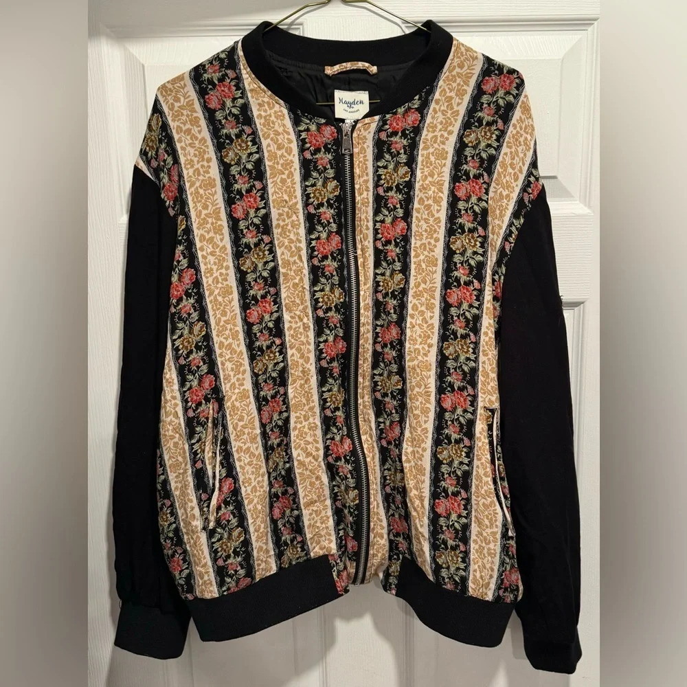 Hayden Los Angeles floral stripe long bomber jacket zip up hipster boho retro L